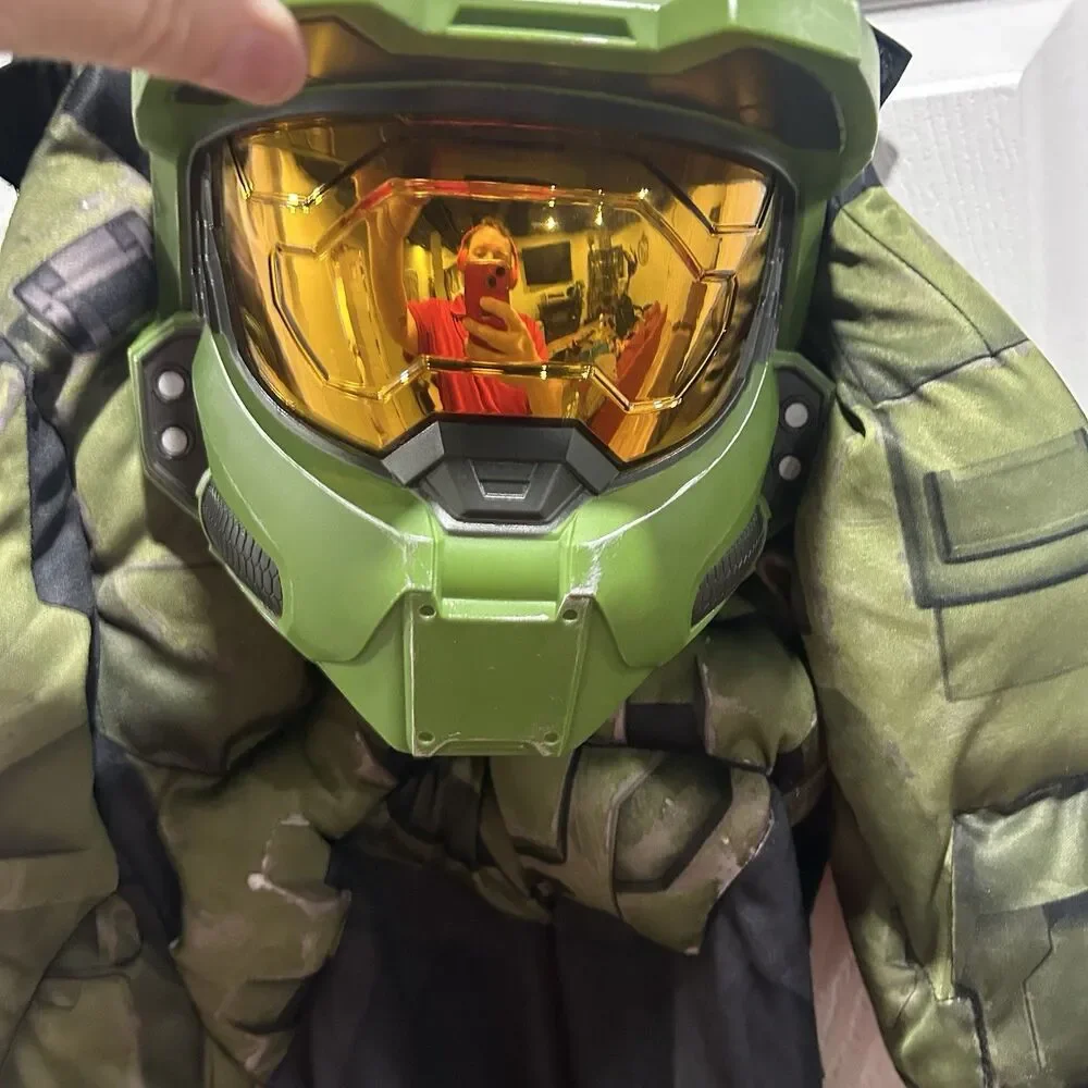 Halo Infinite Master Chief Costume Kids Size 14 Green Jumpsuit Helmet Halloween